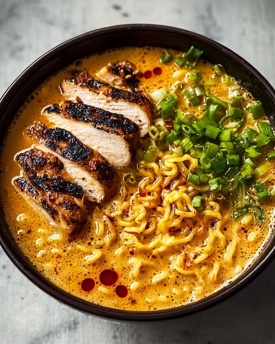 A bowl of ramen shows three main layers: at the bottom, creamy light orange broth fills the bowl with small dots of red chili oil scattered on the surface; above the broth, cooked yellow curly noodles sit, some picked up by black chopsticks, and sprinkled with small green onion pieces; on top, slices of grilled chicken with a charred dark brown crust lie beside the noodles, garnished with fresh green cilantro leaves and a small pile of red chili powder near the chicken, all inside a white bowl on a white marbled surface. photo taken with an iphone --ar 4:5 --v 7