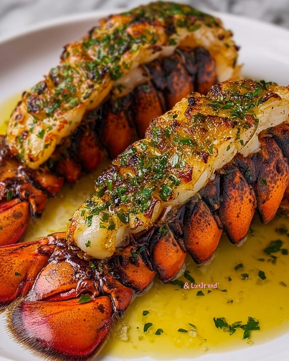 Two large lobster tails are placed on a white plate over a pool of melted butter. The lobster meat is grilled with a golden brown, slightly charred top layer covered with finely chopped green herbs. The shell beneath is a bright orange-red with dark edges. The butter sauce surrounding the tails is shiny and smooth, with some scattered green herbs on it. The plate sits on a white marbled surface. photo taken with an iphone --ar 4:5 --v 7