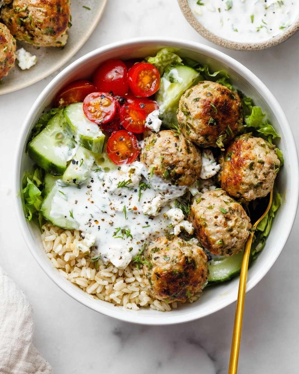 A white bowl is filled with several layers, starting with a base of mixed greens and sliced cucumbers, topped with halved cherry tomatoes scattered around. On one side of the bowl, there is cooked brown rice. Above that, a thick white yogurt sauce is spread in the center, sprinkled lightly with crumbled white cheese and black pepper. Four golden brown meatballs, seasoned with green herbs, rest on top of the yogurt and vegetables. A gold spoon is placed inside the bowl on the right side. The bowl sits on a white marbled texture, next to a white plate with more meatballs, and a small light brown bowl with yogurt sauce is partially visible. photo taken with an iphone --ar 4:5 --v 7