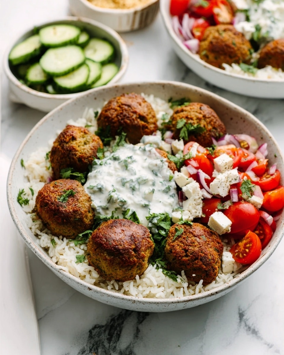 A white bowl contains a base layer of white rice, topped with six round, brown falafel balls. In the center, there is a dollop of white sauce with green herbs mixed in, creating a creamy texture. To the side of the falafel, a fresh salad with red cherry tomatoes and white cheese cubes is mixed with green herbs. In the background, there are small white bowls with thinly sliced cucumbers and red tomatoes. The whole scene is set on a white marbled surface. photo taken with an iphone --ar 4:5 --v 7
