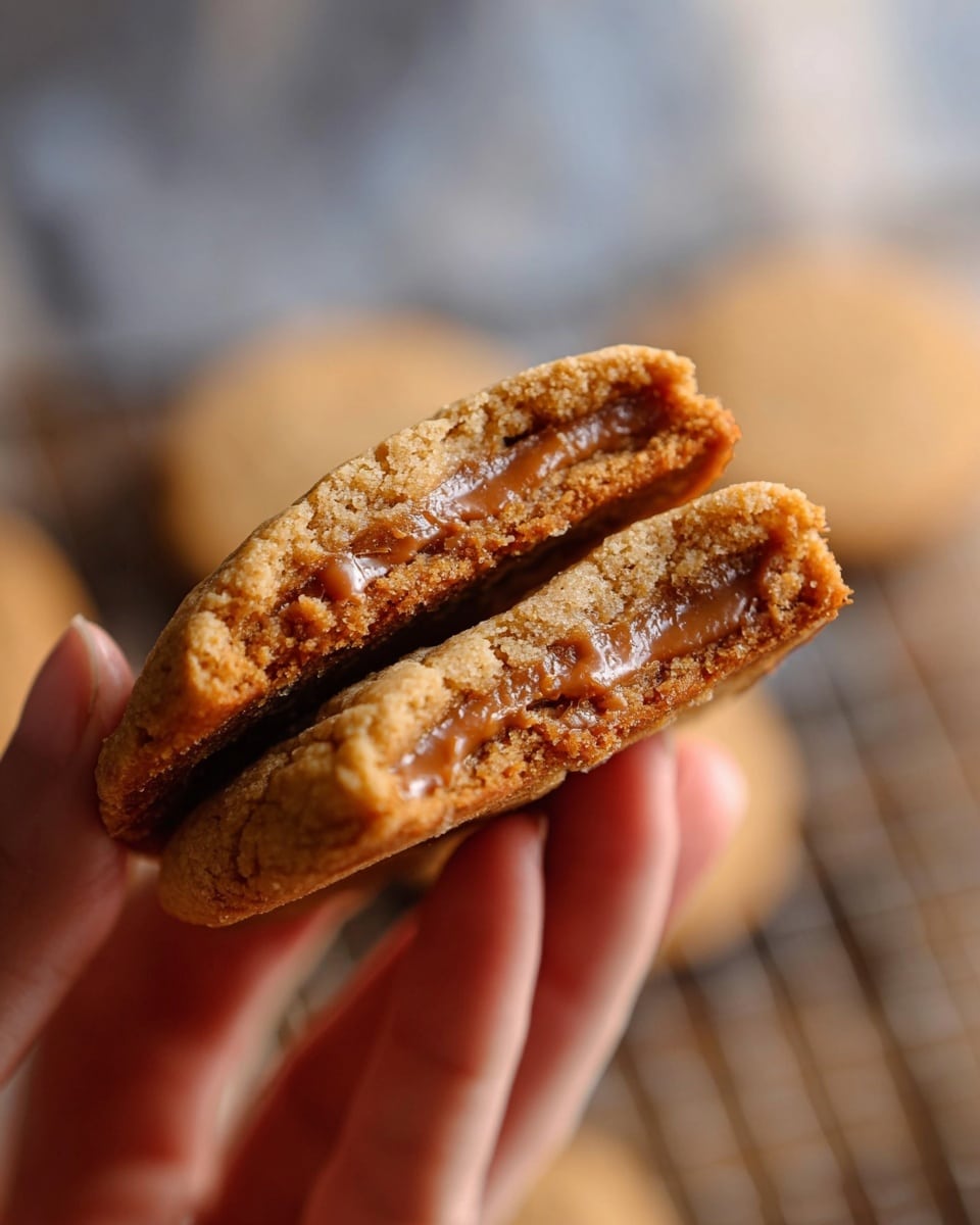 A close-up of a woman's hand holding a split cookie with two visible layers: a golden-brown outer crust with a slightly crispy texture and an inner soft, chewy middle with a gooey caramel filling. The background shows a blurred white marbled texture and a cooling rack giving a warm, cozy atmosphere. Photo taken with an iphone --ar 4:5 --v 7