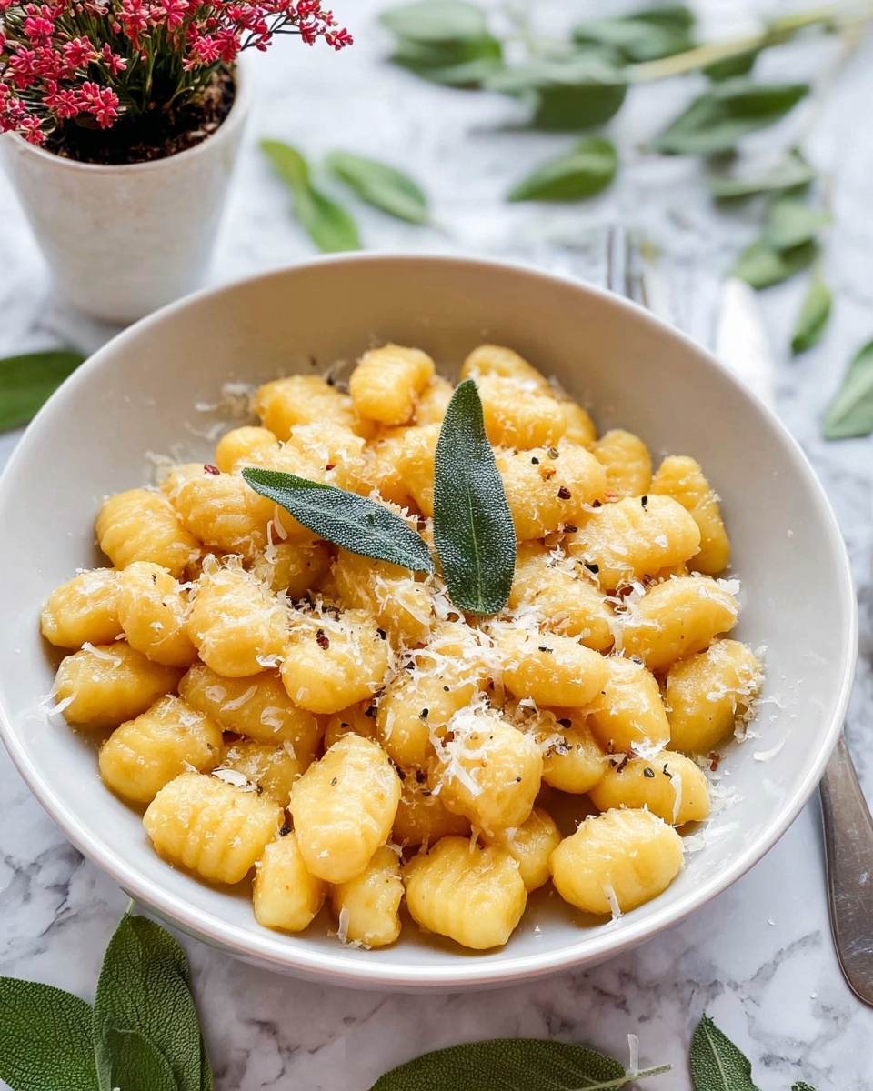 A white bowl filled with a single layer of golden-yellow gnocchi that look soft and slightly crisp on the edges, sprinkled evenly with finely grated white cheese and small black pepper specks. On top sit three green sage leaves for garnish, adding contrast and freshness. The bowl rests on a white marbled surface with green sage leaves scattered around and a small potted plant with red buds placed in the background. The lighting is bright and natural, making the dish look warm and inviting. photo taken with an iphone --ar 4:5 --v 7