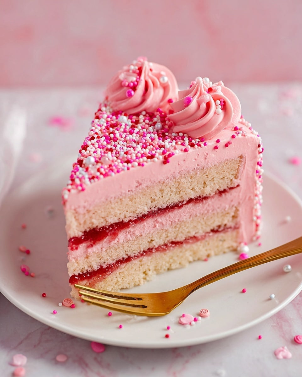 A slice of pink cake on a white plate with a gold fork beside it features two layers of light pink sponge separated by a layer of red jam. The top is covered with smooth pink frosting and decorated with three small swirls of piped pink cream, each adorned with tiny white and pink round sprinkles. The rest of the top is densely covered with small round sprinkles in white, light pink, and dark pink. The white plate sits on a white marbled surface with a soft pink background. Photo taken with an iphone --ar 4:5 --v 7