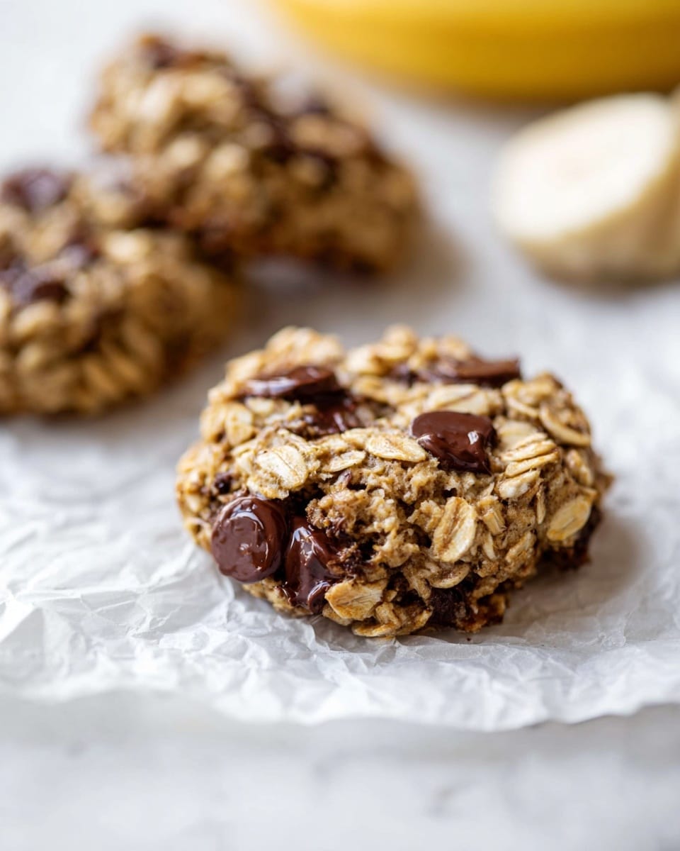 The image shows a close-up of a single oatmeal cookie with chocolate chips, placed on a crumpled white paper. The cookie is textured with visible oats on the top layer, golden brown in color, and dotted with melted dark brown chocolate chips. The middle layer reveals a soft, moist interior filled with gooey, melted chocolate, adding a rich contrast to the oats. In the background, there are more similar cookies slightly out of focus, along with a small blurry stack of sliced bananas on the left. The whole scene is set on a white marbled surface. photo taken with an iphone --ar 4:5 --v 7