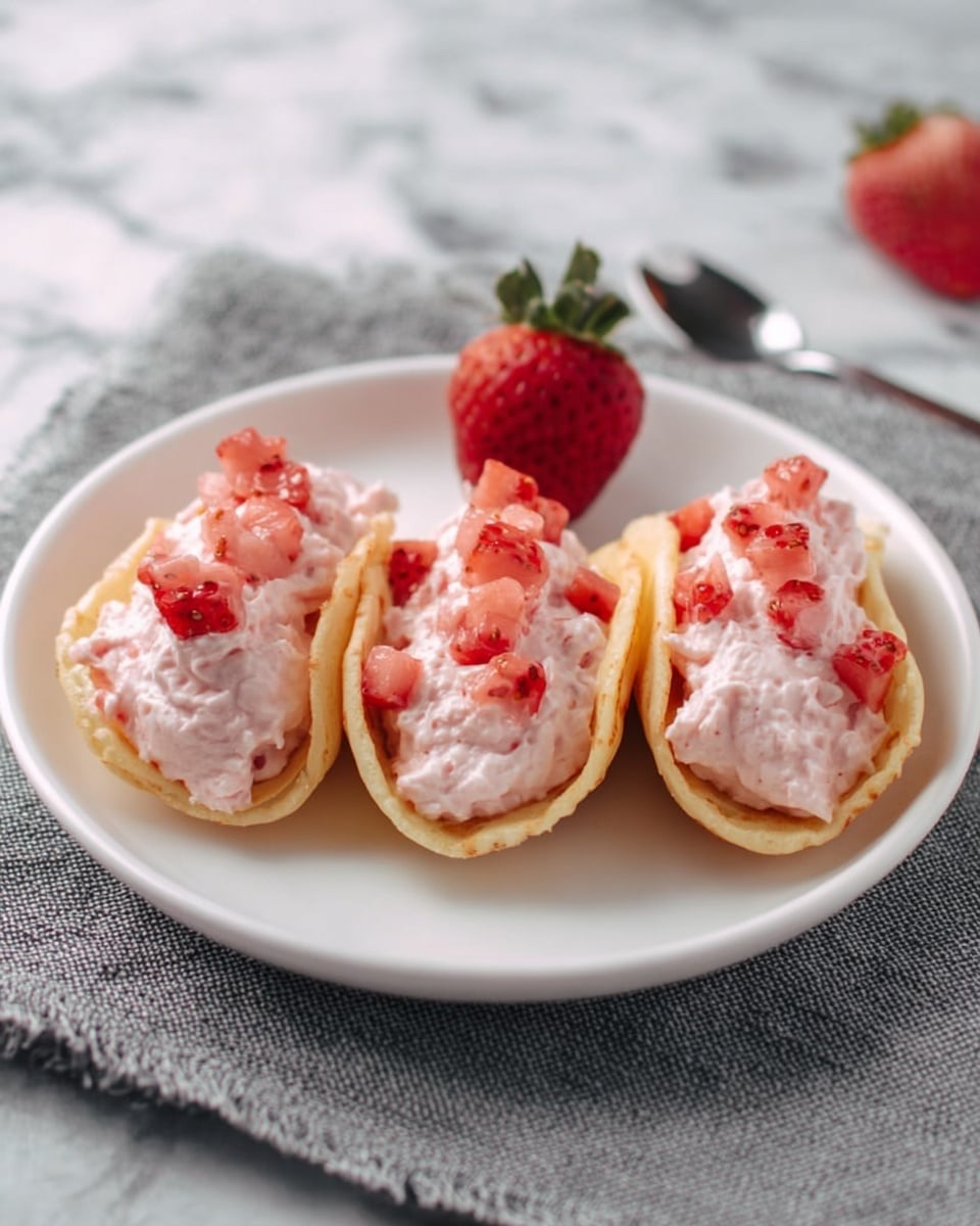 Four small folded golden pancakes are arranged side by side on a white plate, each filled with a generous scoop of pink whipped cream and topped with small diced red strawberries. A whole red strawberry stands upright at the back center of the plate, adding a fresh touch. The plate sits on a gray textured cloth that rests on a white marbled surface, and a silver spoon is visible in the background. The mood is light and fresh, highlighting the soft and fluffy textures of the pancakes and cream. Photo taken with an iphone --ar 4:5 --v 7