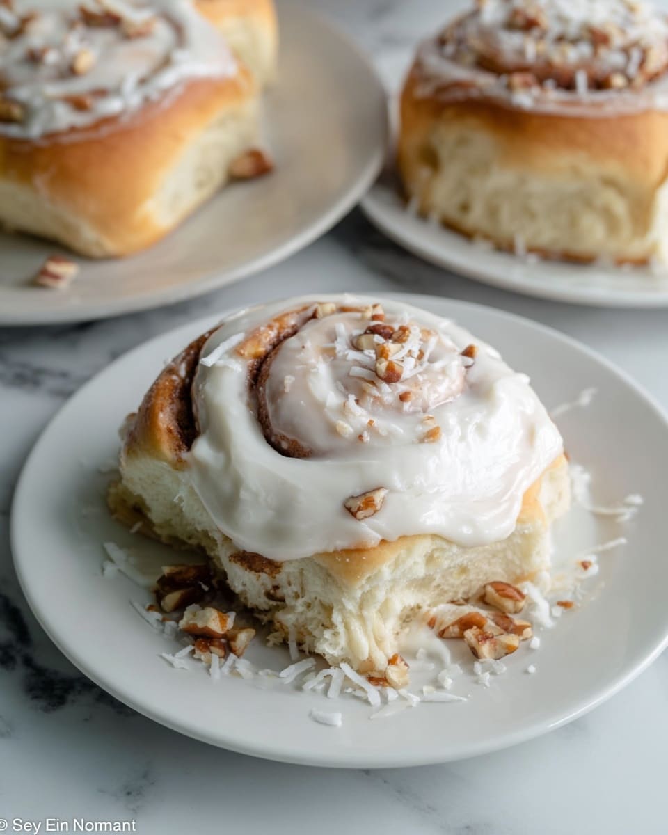 The image shows a close-up of a cinnamon roll on a white plate, topped with a thick layer of white cream cheese icing that spreads down the sides. The roll has a soft, light golden brown dough visible underneath the icing, with a swirl pattern. Small pieces of light brown nuts and white shredded coconut are sprinkled on top of the icing and around the plate. In the background, two more cinnamon rolls are partially visible on a white marbled surface. Photo taken with an iphone --ar 4:5 --v 7
