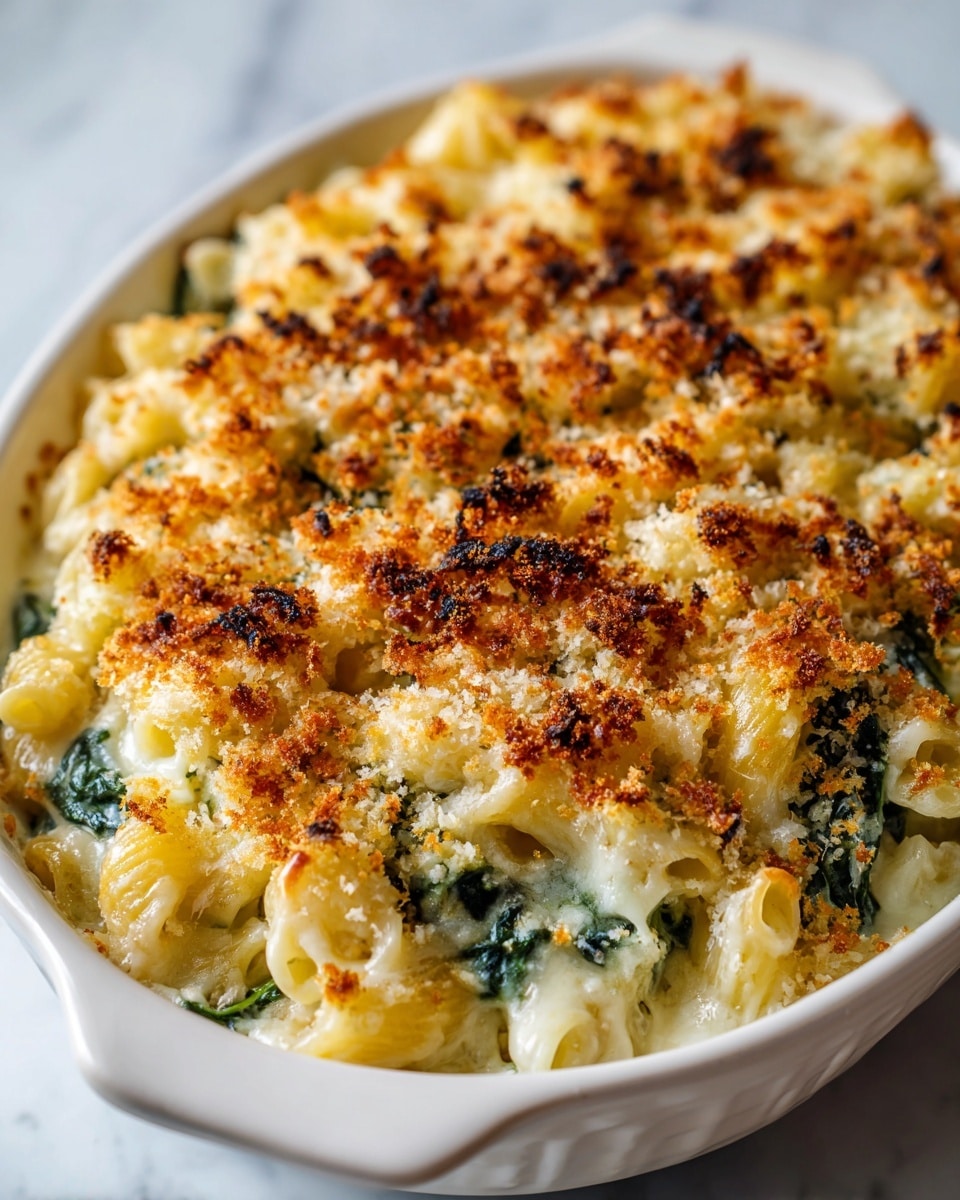 The image shows a close-up of a baked macaroni and cheese dish in a white dish with a creamy white sauce mixed with green spinach leaves evenly spread throughout the macaroni pasta. The top layer is a golden brown and crispy breadcrumb crust with some darker toasted spots, giving it a crunchy texture contrasting with the soft, creamy pasta underneath. The macaroni noodles are elbow-shaped and covered in melted cheese sauce, with the spinach visible in bits throughout the dish. The dish sits on a white marbled surface. photo taken with an iphone --ar 4:5 --v 7