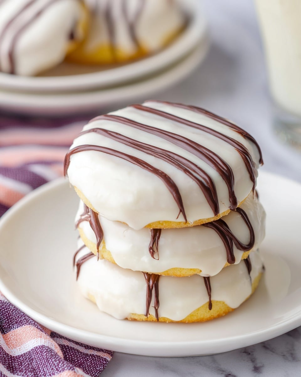 This image shows three round cakes stacked slightly on a white plate with a white marbled background. Each cake has two visible layers covered in smooth, white icing with a glossy texture. Thin, dark brown chocolate lines drape across the top and sides in a wavy pattern, creating light contrast. The cakes appear soft and moist with some yellow cake peeking through the icing edges. In the background, blurred plates and a glass are visible, resting on a cloth with purple and pink stripes. Photo taken with an iphone --ar 4:5 --v 7