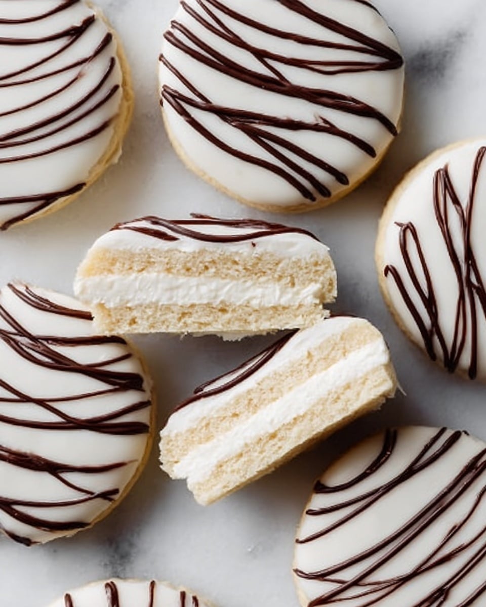 The image shows several round cookies with a smooth, white icing on top, decorated with thin dark brown swirly lines evenly spaced over the surface. One cookie is cut in half, revealing two soft beige biscuit layers with a thick, creamy white filling layer in between. The cookies are placed on a white marbled surface in a scattered arrangement. photo taken with an iphone --ar 4:5 --v 7