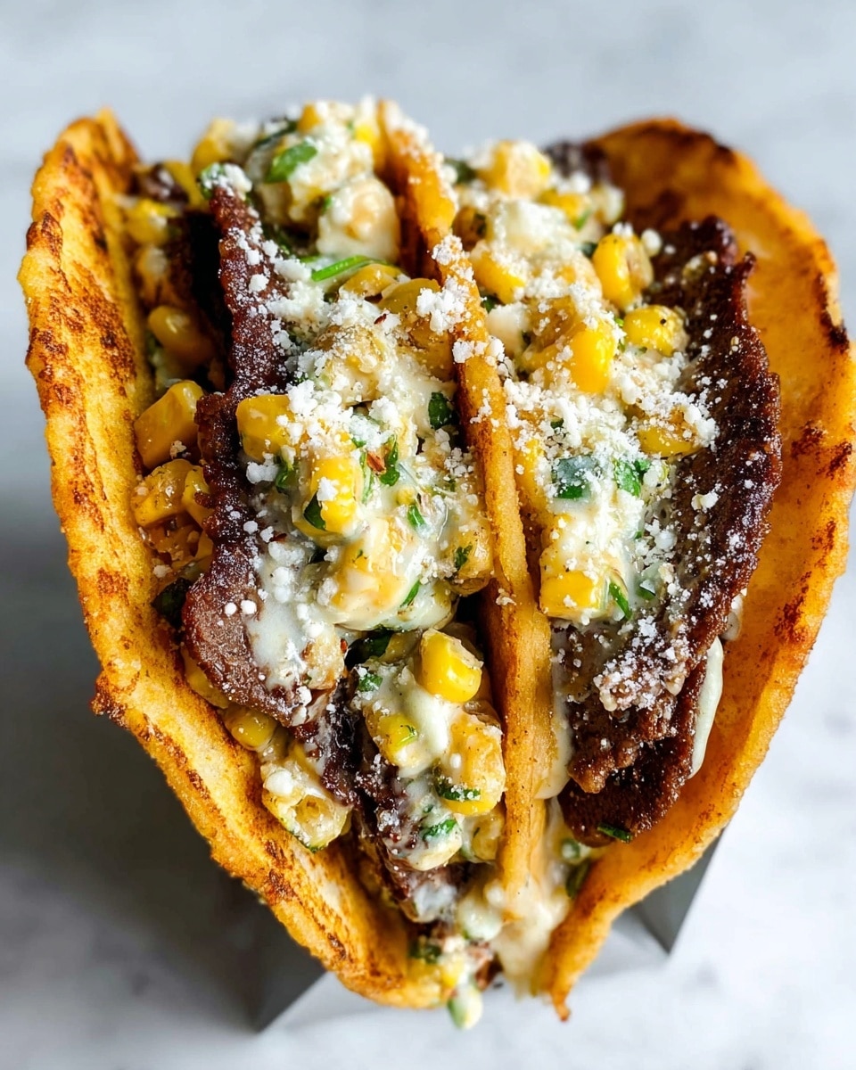 A close-up image of a taco with three layers, held upright in a silver taco holder on a white marbled texture. The base layer is a warm, golden-brown toasted tortilla folded to hold the fillings. The middle layer has two pieces of dark brown, crispy beef patties on each side of the taco. The top layer includes a creamy, chunky corn salad with yellow corn kernels mixed with green herbs and a white creamy sauce, sprinkled generously with fine white cheese over the entire filling. Photo taken with an iphone --ar 4:5 --v 7