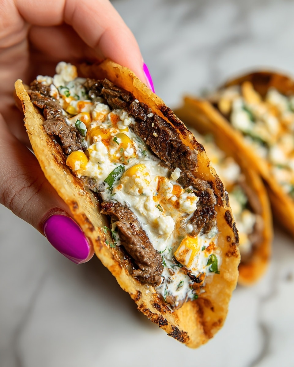 A close-up view of a small taco held by a woman's hand with bright magenta nail polish, showing three distinct layers: the bottom layer is a soft golden-brown taco shell, the middle layer is grilled dark brown meat with a slightly crispy texture, and the top layer is a creamy mixture of white sauce with visible chunks of yellow corn, white cheese, orange spices, and green herbs spread generously, all on a white marbled surface. In the blurred background, two more tacos with similar toppings are visible. Photo taken with an iphone --ar 4:5 --v 7