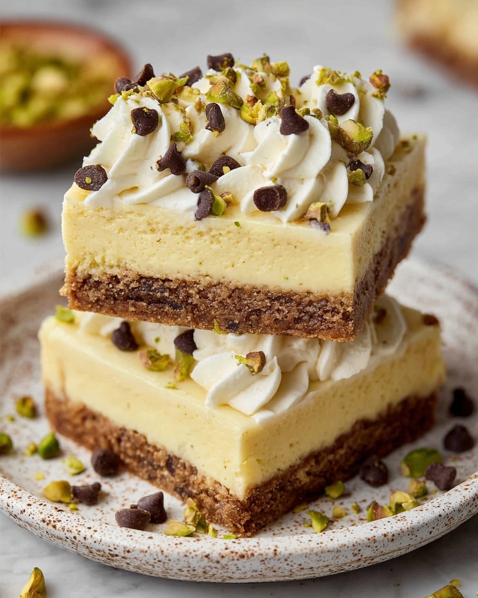 Two rectangular cheesecake bars are stacked on a white speckled plate, sitting on a white marbled surface. Each bar has three layers: a thick, crumbly brown base layer at the bottom, a thick smooth creamy yellow middle cheesecake layer, and on the top bar, a layer of loose white whipped cream swirled in soft peaks, sprinkled with small green chopped pistachios and dark brown chocolate chips. There are scattered pistachios and chocolate chips around the plate. Photo taken with an iphone --ar 4:5 --v 7