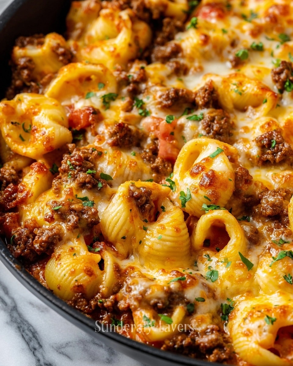 A close-up view of a cheesy baked dish layered with browned ground beef and pasta shells. The pasta shells are soft, yellow, and coated in melted golden cheese that looks gooey and rich. Red tomato pieces and melted cheese are mixed evenly, with bits of green herbs sprinkled on top for color contrast. The dish fills a black pan that sits on a white marbled surface. The textures show a mix of smooth melted cheese, tender pasta, and crumbly beef. Photo taken with an iphone --ar 4:5 --v 7