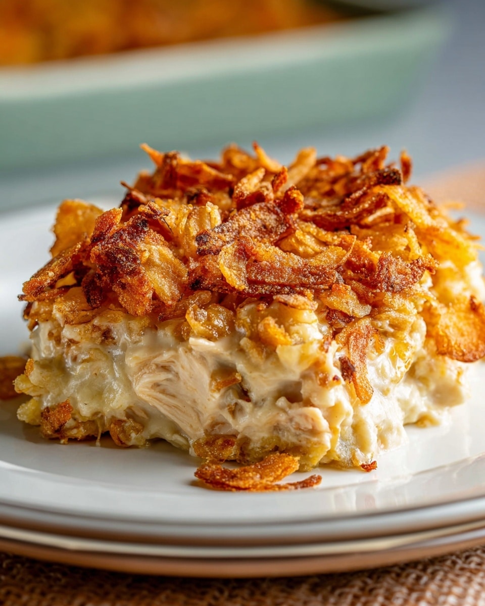 A close-up view of a single square piece of casserole on a white plate showing multiple layers: the bottom layer is creamy and light beige in color with a smooth, rich texture; the middle layer has chunks of white chicken mixed with the creamy sauce; the top layer is a crispy, golden brown coating of fried onion bits scattered unevenly, adding crunch and texture. Photo taken with an iphone --ar 4:5 --v 7