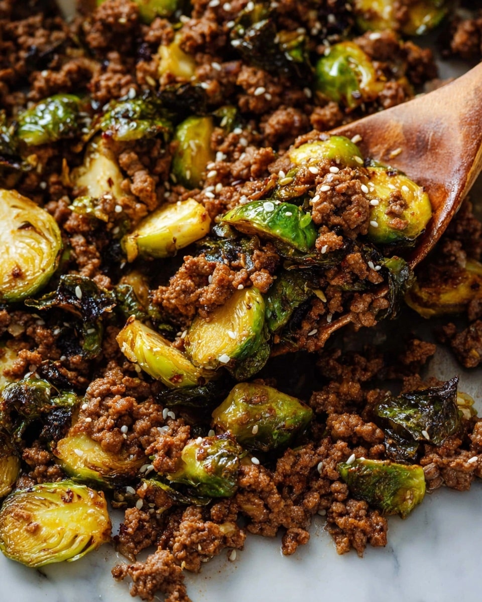 This close-up image shows a mix of cooked ground meat and roasted brussels sprout halves and leaves. The top layer is mostly made of browned, crumbled ground meat with a rich, slightly glossy texture, scattered with sesame seeds. Interspersed throughout are golden-yellow roasted brussels sprout halves with crispy edges and some bright green leafy parts, slightly charred. A wooden spoon is lifting a portion, showing the chunky texture of the meat and the crispness of the vegetables beneath. The dish sits on a white marbled surface. photo taken with an iphone --ar 4:5 --v 7
