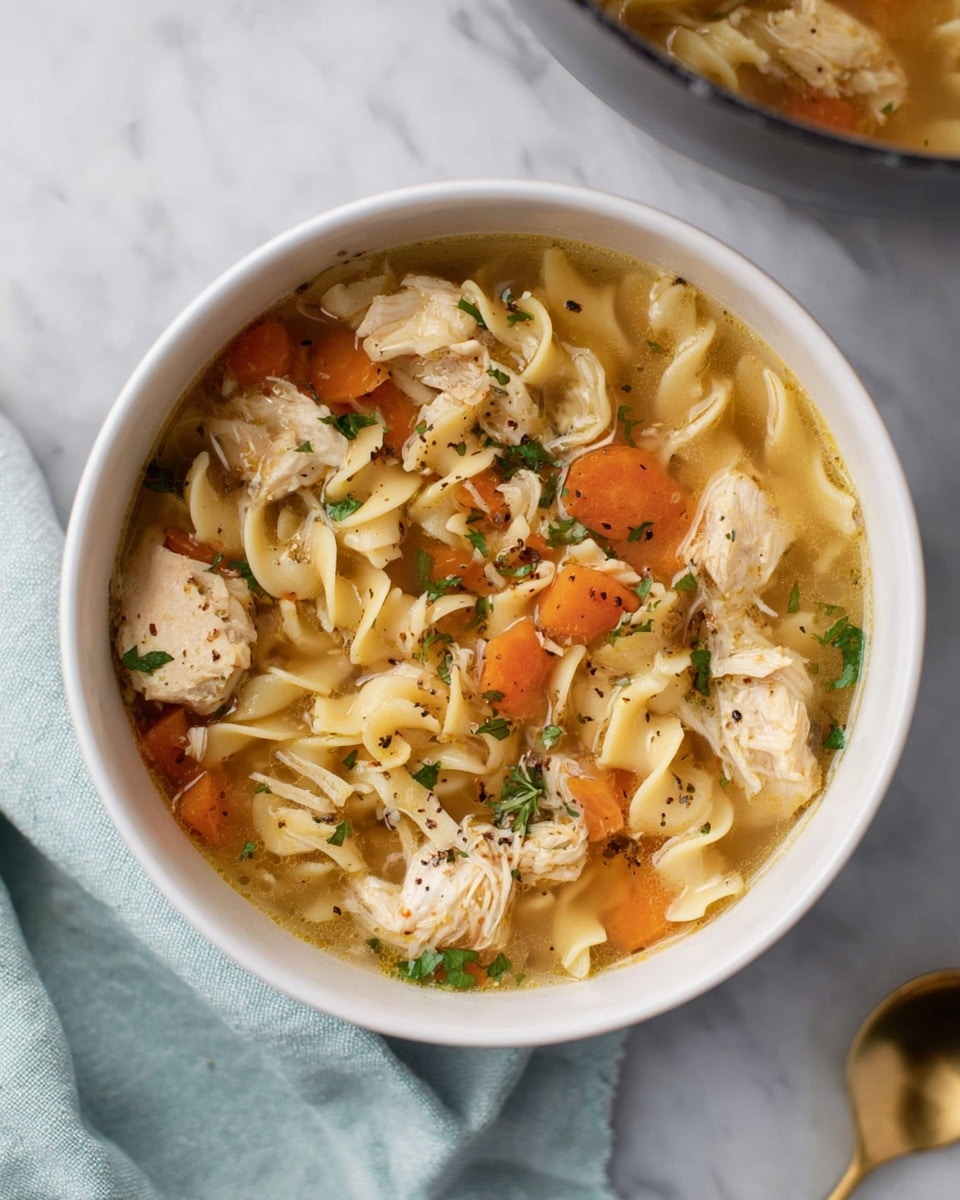 A white bowl filled with chicken noodle soup sits on a white marbled surface. Inside the bowl, the soup shows three main layers: chunks of golden-brown cooked chicken, spiral egg noodles with a pale yellow color, and bright orange carrot pieces. The broth is light and clear with tiny green parsley bits sprinkled on top, adding freshness. There is a slight shine on the broth surface, suggesting warmth, and some black pepper flakes are lightly scattered on the soup. A woman's hand holding a white bowl with more of the soup is seen in the corner, and a light blue cloth with a golden spoon rests nearby. The photo taken with an iphone --ar 4:5 --v 7
