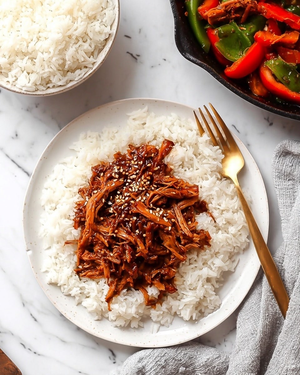 The image shows a white plate on a white marbled surface with a pile of plain white rice forming the base layer. On top of the rice is a generous layer of shredded meat covered in a rich, dark brown sauce, with visible sesame seeds sprinkled over it. To the right side of the plate, a gold fork rests partially on the rice, its handle extending off the plate. In the background, there is a white bowl filled with more plain white rice and a cast iron skillet with bright red and green vegetables, both placed on the white marbled surface. A light gray cloth is softly folded near the bottom right corner of the plate photo taken with an iphone --ar 4:5 --v 7