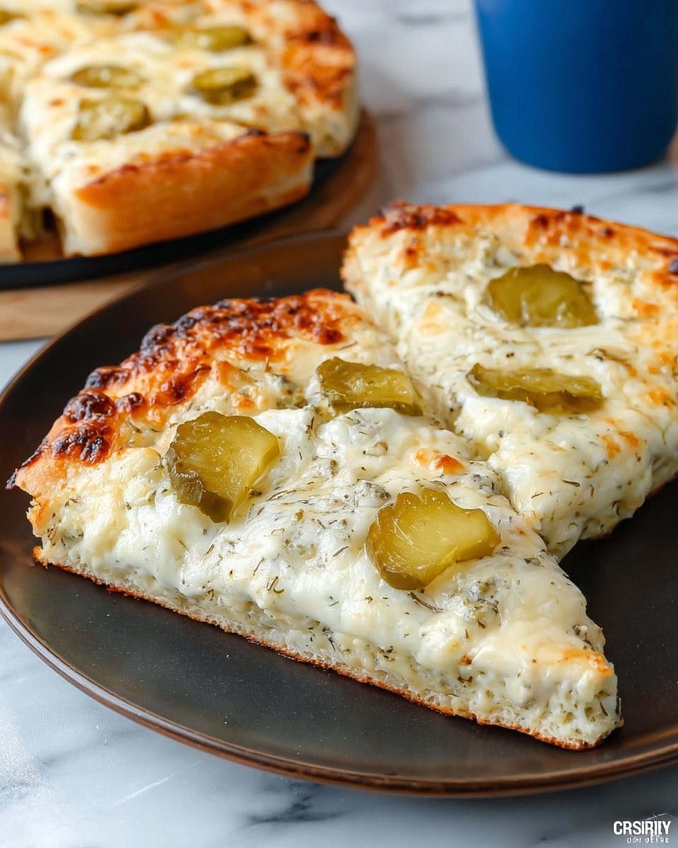 The image shows a white pizza slice with a golden-brown crust that has small browned cheese spots on the edge. The pizza has a thick layer of melted white cheese covering most of the surface, with scattered herb specks visible. On top, there are several green pickle slices embedded in the cheese, adding texture and color contrast. The slice is placed on a dark round plate, with another pizza slice slightly blurred in the background, all set on a white marbled texture. In the corner, a blue cup is partially visible. photo taken with an iphone --ar 4:5 --v 7