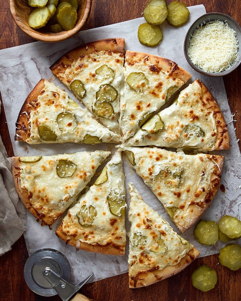 A pizza cut into eight slices sits on a piece of parchment paper over a wooden table with a white marbled texture. The pizza has one visible layer of golden-brown crust with a thin, crispy edge, topped with a creamy white cheese sauce that is melted smoothly across the surface. There are scattered slices of green pickles under a layer of bubbly, melted, slightly browned mozzarella cheese that adds a textured golden color on top. Around the pizza, there are extra pickle slices on the parchment paper, a bowl of pickles, a small wooden bowl filled with grated white cheese, and a metal pizza cutter. photo taken with an iphone --ar 4:5 --v 7