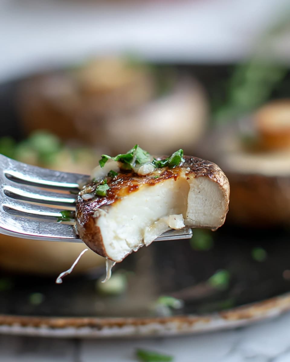 A close-up image showing a piece of cooked mushroom held by a silver fork, tilted diagonally. The mushroom piece is thick, with a soft, creamy white inside and a browned, slightly crispy outer edge. Small bits of green herbs sprinkle the top, adding a fresh touch. In the blurred background, more cooked mushrooms and green herbs rest on a surface with a dark color. The photo is set against a white marbled texture. photo taken with an iphone --ar 4:5 --v 7