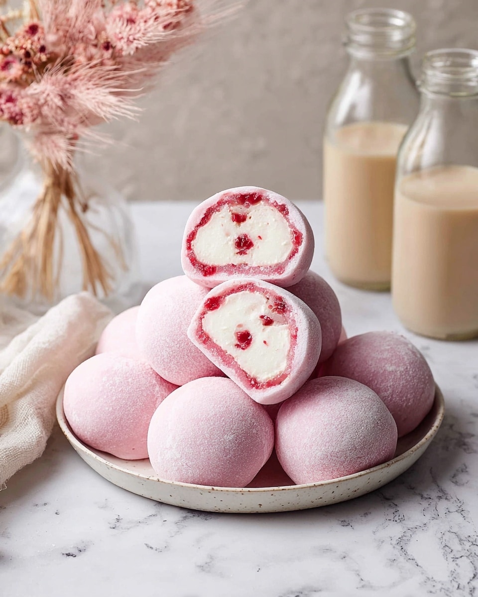 A white ceramic plate holds a stack of smooth, round pink mochi balls. One mochi is cut in half on top, revealing three layers: a thin pink outer skin with a soft and slightly powdery texture, a thick white creamy middle layer, and small bits of red fruit embedded inside the cream. The plate rests on a white marbled surface. In the background, there are two clear glass bottles filled with a light beige liquid and a small glass vase holding fuzzy pink dried flowers, adding a delicate touch to the scene. photo taken with an iphone --ar 4:5 --v 7