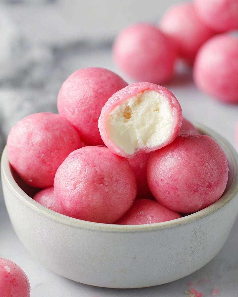 A round white bowl filled with smooth pink balls that look like candies or dessert bites, each with a slightly glossy surface, one ball on top has a bite taken out showing a creamy white filling inside. The bowl sits on a white marbled surface with more pink balls blurred in the background. The texture of the balls is firm outside and soft creamy inside. photo taken with an iphone --ar 4:5 --v 7