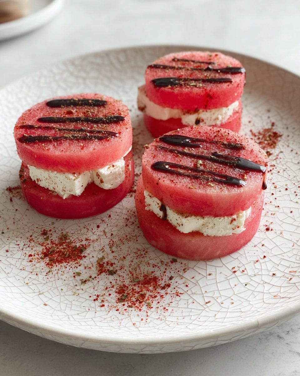 The image shows three small stacks of watermelon rounds, each stack having two pink watermelon layers with white cheese in the middle, on a white plate with a crackled texture. Two of the stacks have a drizzle of dark balsamic glaze on top, while the third stack is sprinkled with red spice powder both on the watermelon and the plate. The plate sits on a white marbled surface. The watermelon slices look fresh and juicy, with a soft texture. photo taken with an iphone --ar 4:5 --v 7