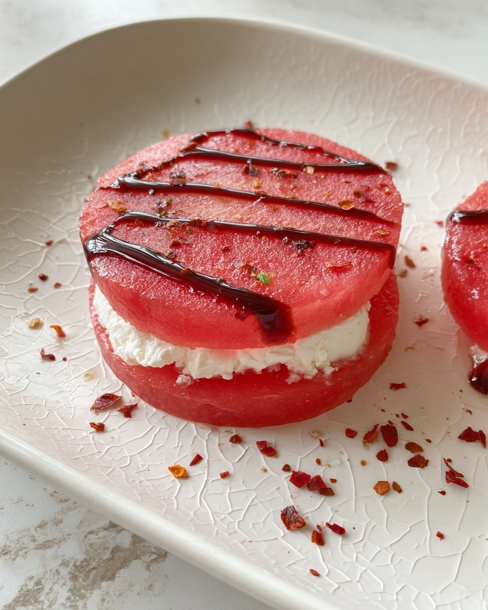 The image shows a simple dish with two round slices of watermelon stacked on a white plate with a cracked texture. The top slice has a small bite taken out of it, revealing creamy white cheese inside between the layers. There is a dark sauce drizzled over the top watermelon slice in two smooth lines. Around the plate, there are small red spice flakes scattered randomly on the white marbled surface under the plate and visible at the edges. photo taken with an iphone --ar 4:5 --v 7