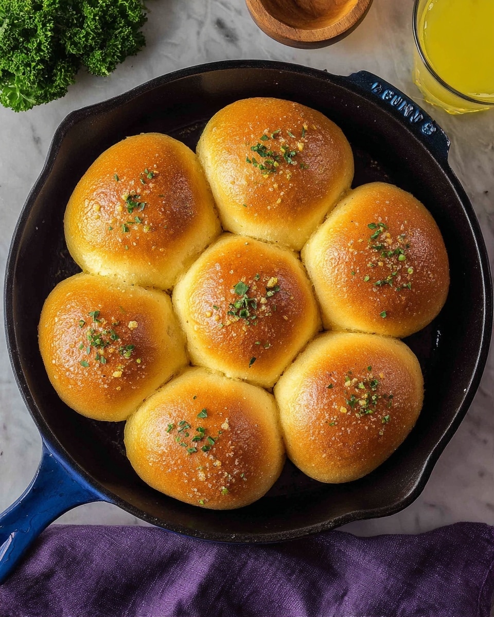 The image shows eight golden-brown baked bread rolls arranged in a circle inside a black cast iron skillet with a blue handle. Each roll has a smooth, shiny surface with a slightly crisp texture and is sprinkled with small green herbs on top. The skillet sits on a white marbled surface, with a small bunch of fresh green parsley visible in the top left corner and a glass of yellow liquid at the upper right. A folded purple cloth is partially seen underneath the skillet at the bottom of the image. photo taken with an iphone --ar 4:5 --v 7