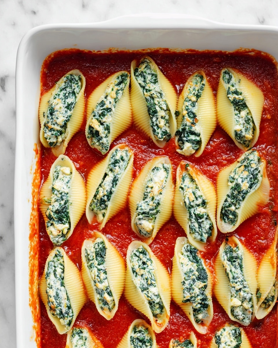 A white baking dish filled with large pasta shells arranged in neat rows, each shell stuffed with a creamy mixture of chopped spinach and cheese, showing a slightly grainy texture on top. The shells are nestled on a thick layer of bright red tomato sauce that covers the base of the dish, with some sauce peeking between the shells. The pasta shells are pale yellow with a ridged surface, and the green spinach filling is mixed with small white chunks of cheese. The edges of the baking dish are clean and smooth, and the background is a white marbled surface. photo taken with an iphone --ar 4:5 --v 7