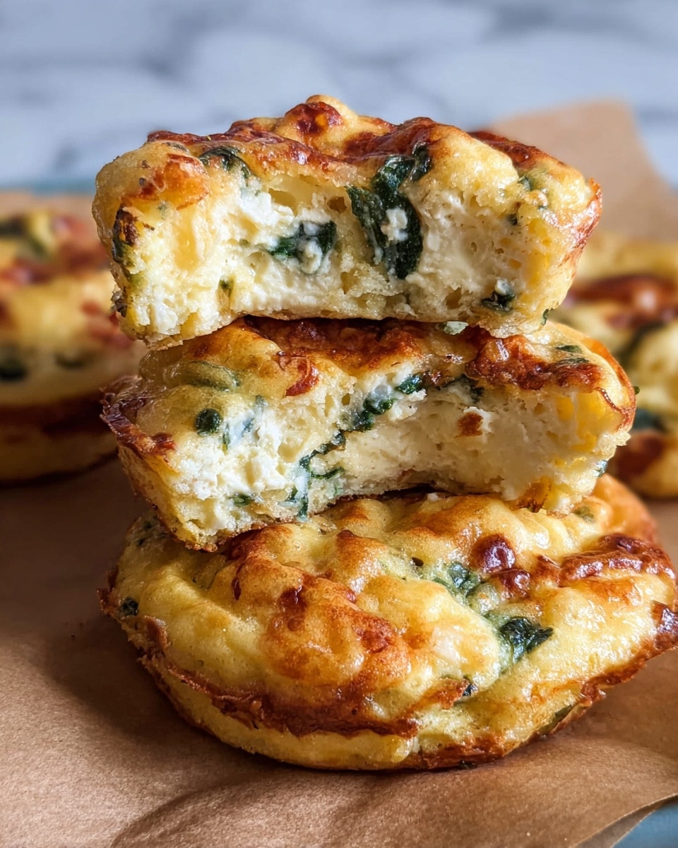 A close-up of a stack of three round, golden-brown baked egg muffins resting on brown parchment paper, with the top muffin cut in half showing a soft, light yellow inside dotted with green spinach pieces and bits of onion, all topped with a slightly crispy, melted light brown cheese crust. The edges are slightly browned and uneven, giving a fresh, homemade look. The background shows a white marbled texture subtly blurred. photo taken with an iphone --ar 4:5 --v 7