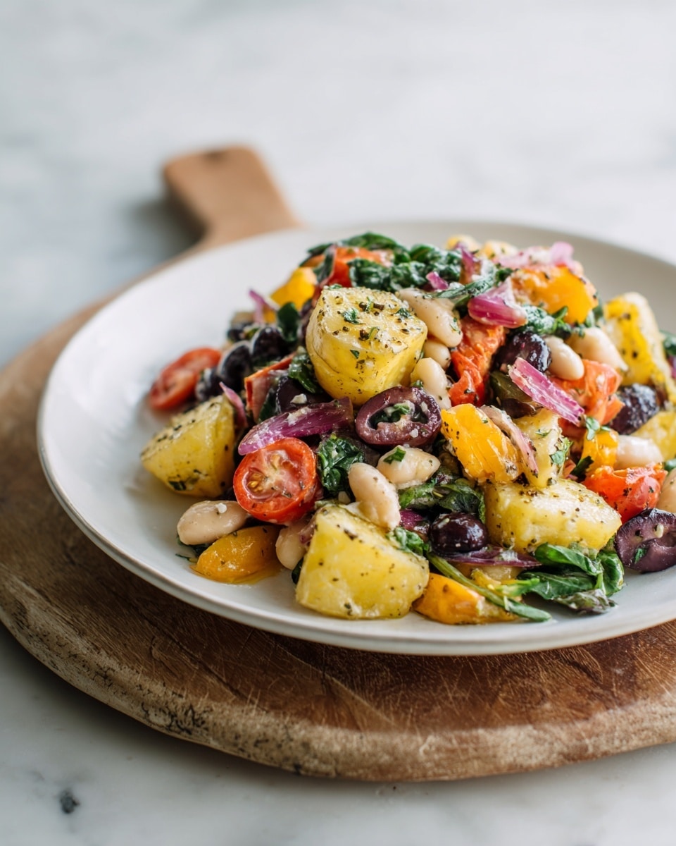 A white plate filled with a colorful salad placed on a round wooden board over a white marbled texture. The salad has layers of light yellow potato chunks, bright orange and red tomato pieces, thin slices of purple onion, white beans, black olives, and lots of small green leafy herbs spread evenly on top. The colors and textures mix to show freshness and variety, with some pieces leaning against each other to create volume. The background is plain with soft light coming from the side. Photo taken with an iphone --ar 4:5 --v 7