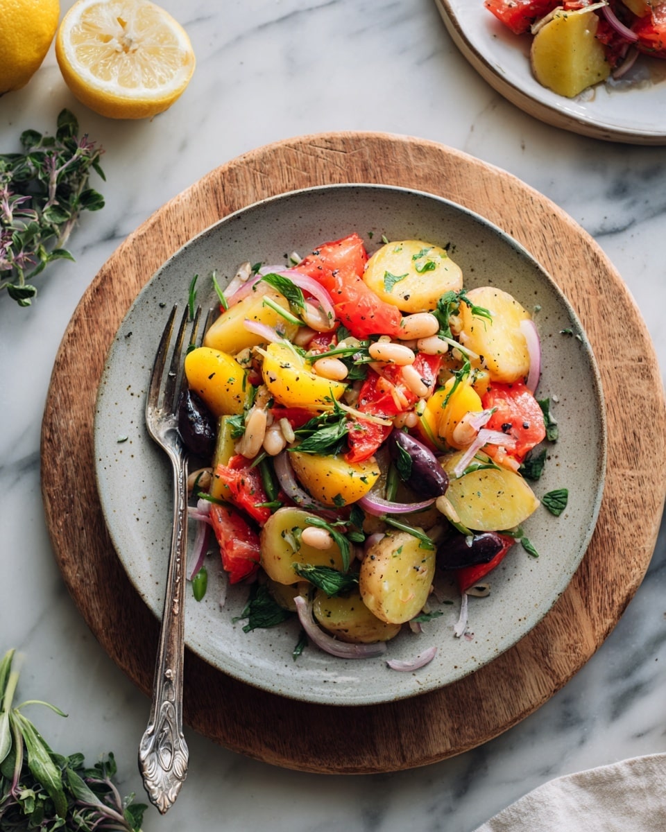 A gray plate sits on a round wooden board filled with a fresh salad showing three main layers: the bottom layer is pale yellow potato pieces with a soft texture, next is a mix of bright yellow bell pepper slices and dark purple olives scattered around, and the top layer is chunks of red tomato and green leafy herbs sprinkled throughout. Thin slices of purple onion and pale white beans are mixed evenly among the layers. The plate is accompanied by a silver fork resting inside the salad. Around the wooden board, small green herb sprigs and a slice of lemon sit on a white marbled surface, with parts of two white plates holding similar salads seen on the edges. photo taken with an iphone --ar 4:5 --v 7