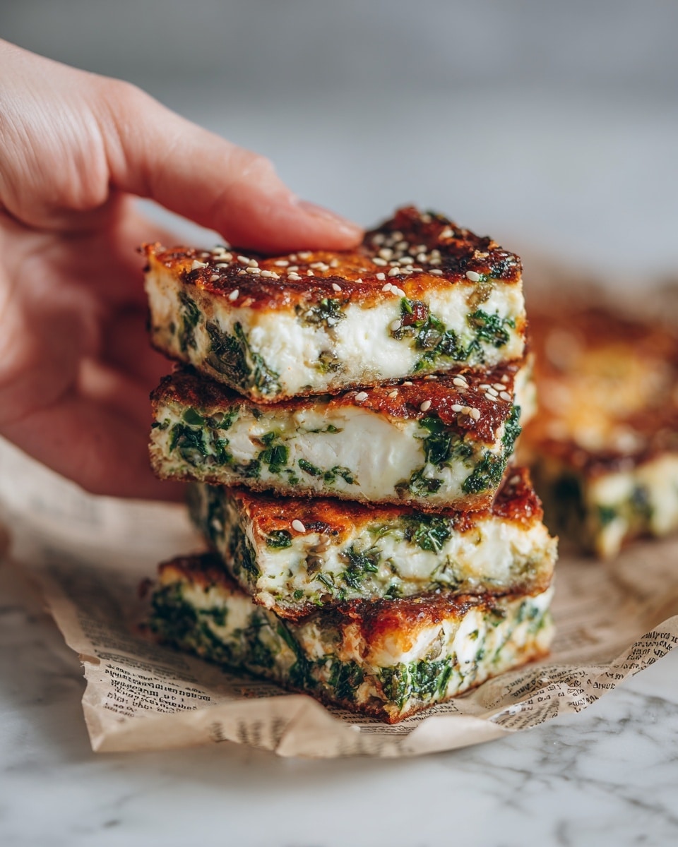 A woman's hand is holding four square slices stacked together of a baked dish with two visible layers: a golden-brown crispy crust on the top and bottom, and a thick middle layer filled with cooked green leafy vegetables mixed in a pale, soft batter. The filling has a slightly uneven texture with visible bits of green leaves and light white spots, while the crust is dotted with white sesame seeds. Below the slices, more pieces of the same dish are placed on a white marbled surface covered partly with a piece of newspaper. The overall look is rustic and homey. photo taken with an iphone --ar 4:5 --v 7