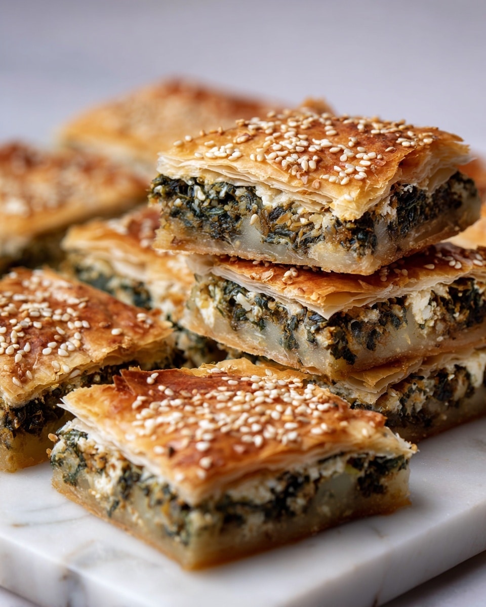 The image shows a flat dish cut into square pieces with two layers visible in the cut sections. The bottom layer is thin, golden-brown, and slightly firm, forming the base. The middle layer is thicker, filled with a mix of greens and small chunks of lighter ingredients like potatoes, creating a textured look with a mix of dark green and off-white colors. The top layer is a golden crust sprinkled generously with small, light sesame seeds that add texture and contrast. The pieces are placed directly on top of each other on a white marbled surface with some pieces slightly leaning, showing the filling inside. Photo taken with an iphone --ar 4:5 --v 7