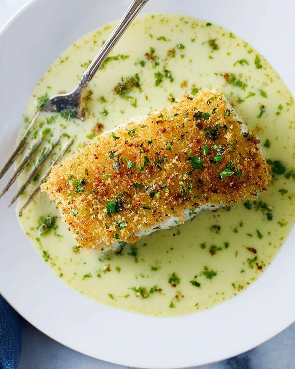 The image shows a single piece of lightly golden-brown baked fish with a crispy crumb topping that includes finely chopped green herbs, placed at the center of a shallow pool of pale green sauce spread evenly on a white plate. The coating on the fish is textured with visible bits of the herbs and the crust looks crunchy and slightly uneven with an inviting speckled color from the baking. The plate edge is just visible with a simple design, and a silver fork rests on the left side, touching the sauce slightly. The background is a clean white marbled surface. Photo taken with an iphone --ar 4:5 --v 7