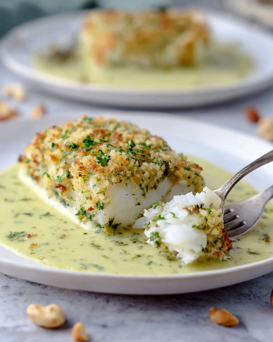The image shows a white plate with a piece of fish that has a golden-brown breadcrumb crust mixed with green herbs on top. The fish is white and flaky inside and sits in a pale green creamy sauce that spreads across the plate. A fork holding a bite of the fish with the crust and sauce is on the right side of the plate. In the background, another white plate with a similar fish piece in sauce is slightly blurred. The surface beneath the plates is a white marbled texture with some small scattered nuts around. photo taken with an iphone --ar 4:5 --v 7