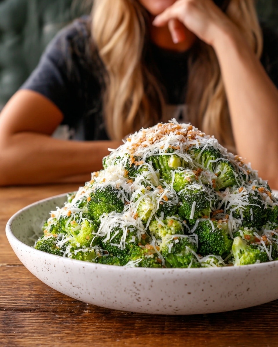 A large mound of bright green broccoli florets fills a white shallow bowl with speckled details, topped with a generous layer of finely shredded white cheese and light brown crispy crumbs sprinkled all over, giving it a textured look. The broccoli pieces show a fresh, slightly glossy texture beneath the cheese. The bowl sits on a wooden table against a backdrop of a woman’s long blonde hair and her resting chin supported by her woman's hand, creating a cozy, inviting scene. The photo taken with an iphone --ar 4:5 --v 7