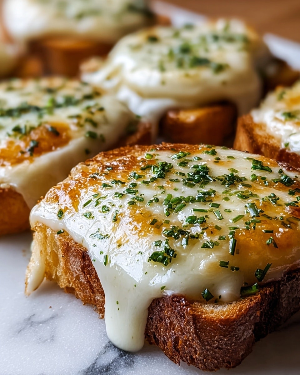 A close-up view of toasted bread slices topped with a thick, melted, creamy white cheese layer, slightly browned and bubbled on the surface, sprinkled with finely chopped green herbs. There are at least three visible layers: the bottom layer is golden brown toasted bread with a crispy texture, the middle layer is smooth melted cheese dripping slightly off the edges, and the top layer is a thin, bubbly, browned cheese layer with green herb pieces scattered evenly. The dish is set on a white marbled surface. photo taken with an iphone --ar 4:5 --v 7