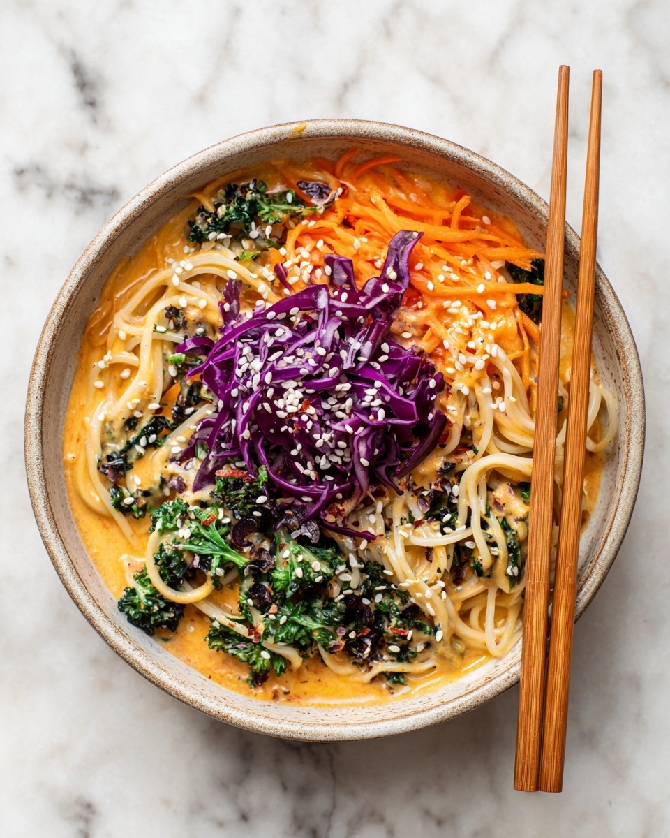 A bowl with a rough, speckled texture holds a colorful noodle dish. The bottom layer is light noodles coated in an orange creamy sauce with oil swirls. On top of the noodles are chopped green vegetables and shredded orange carrot strips mixed with the sauce. The top layer is a small pile of thinly sliced purple cabbage. White sesame seeds are sprinkled over all the layers, adding texture. A pair of wooden chopsticks rests across the top edge of the bowl. The bowl sits on a white marbled surface. photo taken with an iphone --ar 4:5 --v 7