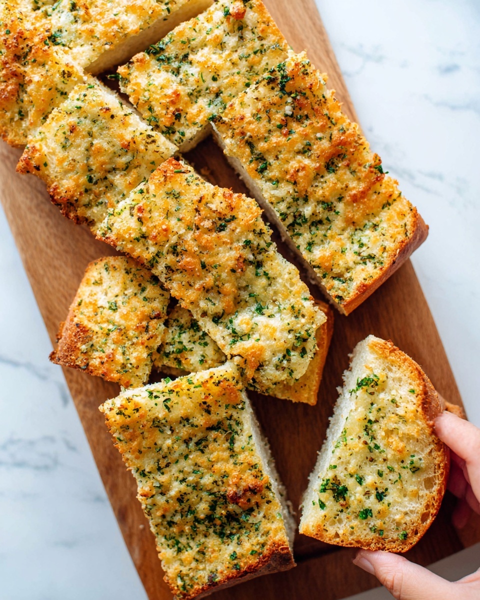 Several pieces of garlic bread sit on a wooden cutting board, each slice showing a thick layer of golden, crispy topping mixed with green parsley flakes. The bread inside looks soft and white, while the top crust is crunchy and toasted with small brown spots. A woman's hand is holding one piece of bread on the right side of the image. The background is a white marbled texture. Photo taken with an iphone --ar 4:5 --v 7