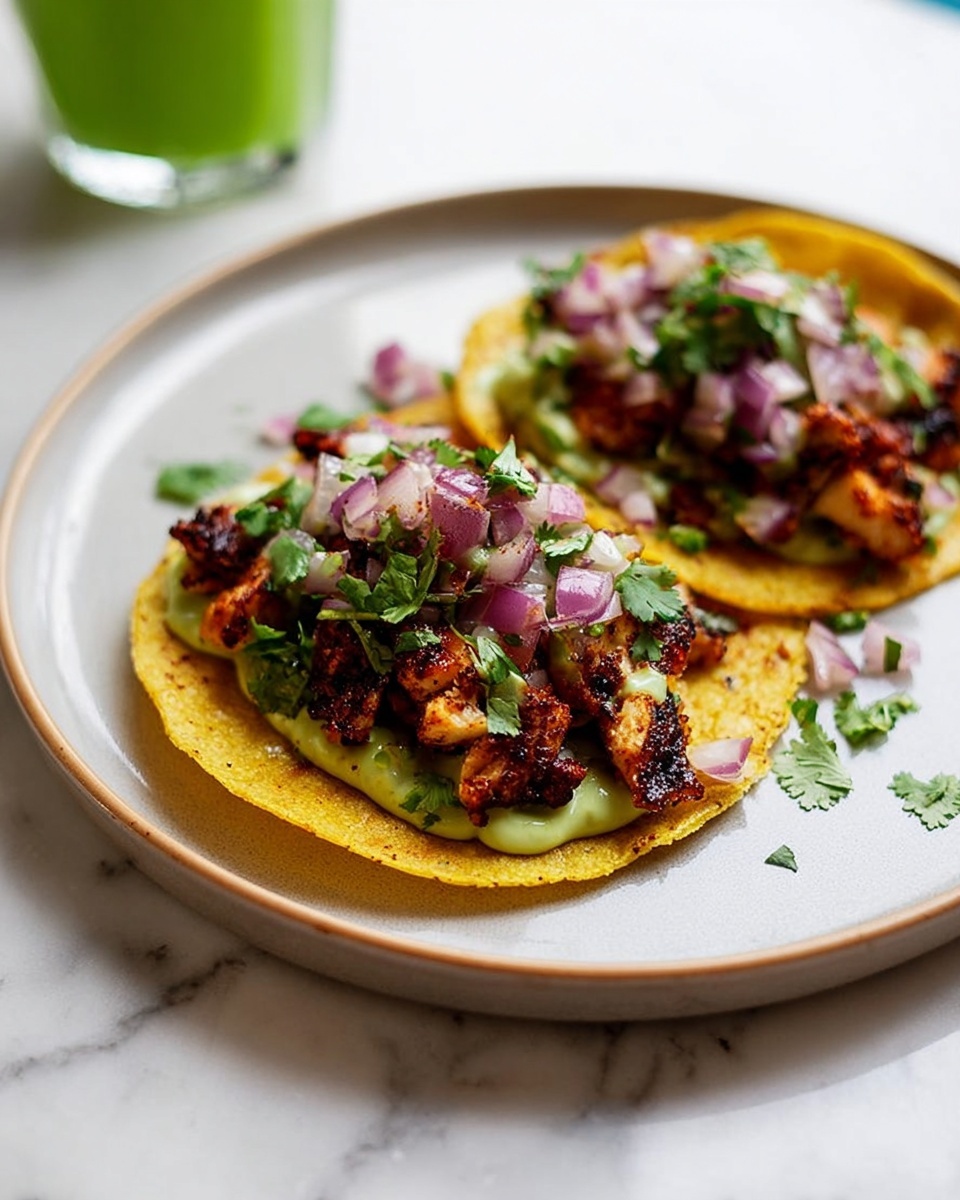 Two tacos are placed side by side on a white plate with a slight rim, sitting on a white marbled surface. Each taco has a golden-yellow corn tortilla as the base layer, with a slightly rough texture and crisp edges. On top of the tortilla, there are chunks of grilled chicken, dark brown with charred spots, giving a crispy look. Over the chicken, finely chopped red onions add a bright purple color and fresh crunch. Small pieces of green cilantro leaves are scattered on and around the tacos, adding a fresh touch. Under the chicken, there is a light green creamy sauce spread on the tortilla, visible at the edges and under the filling. Small bits of chopped onion and cilantro are sprinkled around the plate. In the background, a blurred green drink is partly visible. photo taken with an iphone --ar 4:5 --v 7