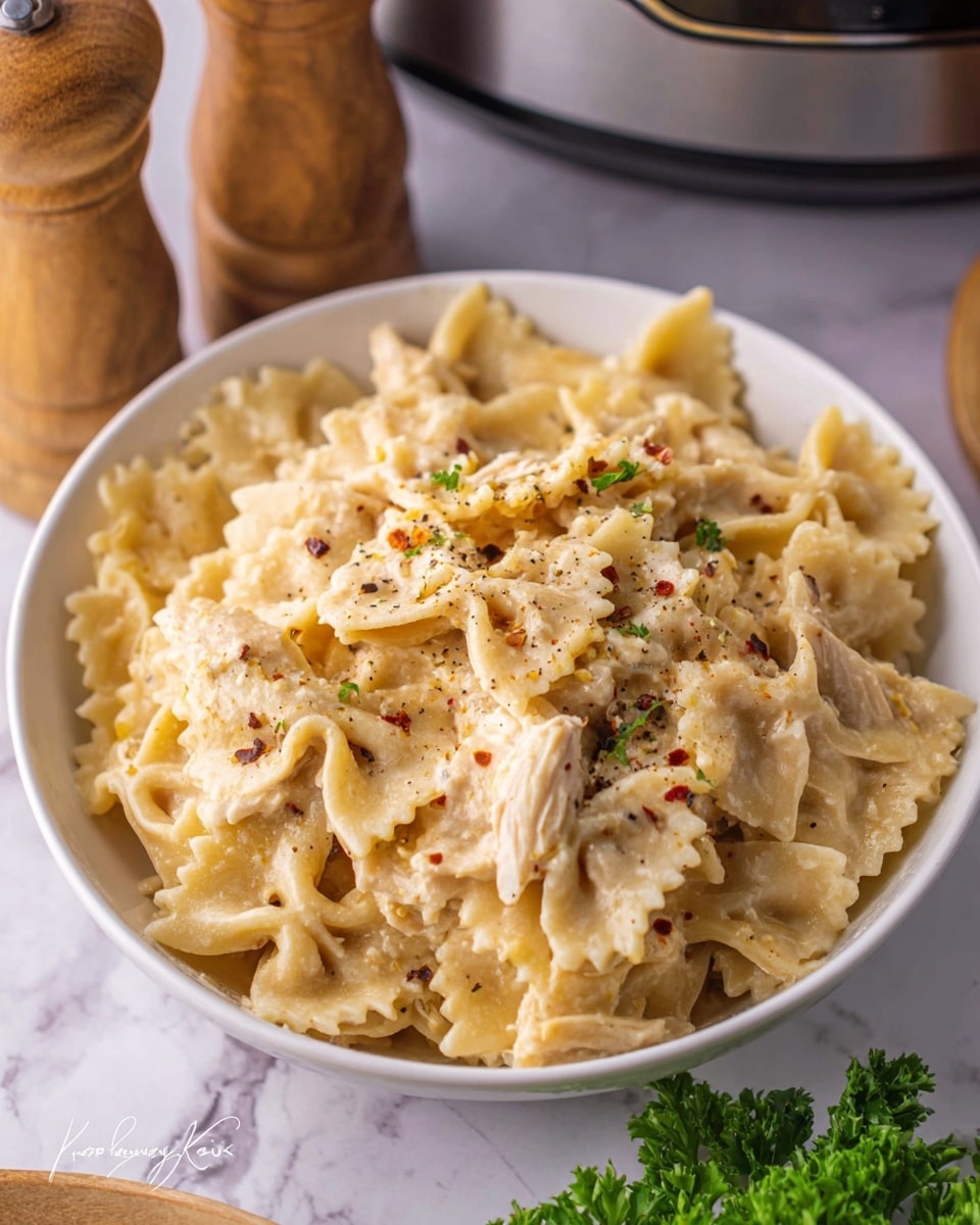 A white bowl filled with creamy bowtie pasta mixed with shredded chicken pieces, all coated in a smooth, light beige sauce. The pasta has visible seasoning of black pepper and red flakes scattered on top. The texture looks rich and thick, with the bowtie shapes clearly defined and slightly glossy from the sauce. The bowl is placed on a white marbled surface, with wooden pepper grinders and a part of a kitchen appliance visible in the background, along with some green parsley on the bottom right. Photo taken with an iphone --ar 4:5 --v 7