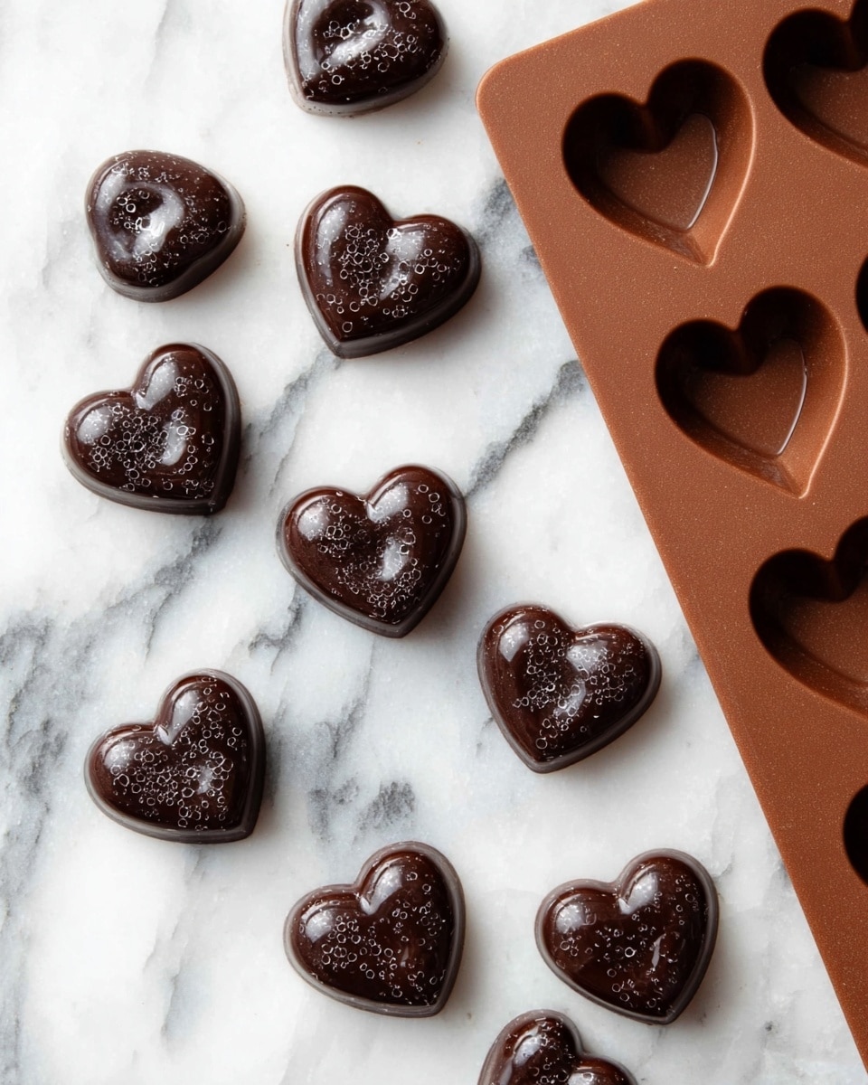Several small heart-shaped chocolates with a shiny dark brown surface are scattered on a white marbled texture. The chocolates are smooth with tiny bubbles on top, showing a glossy finish. To the side, there is a brown silicone mold tray with matching heart shapes, some of which are still filled, contrasting with the white marbled surface. photo taken with an iphone --ar 4:5 --v 7
