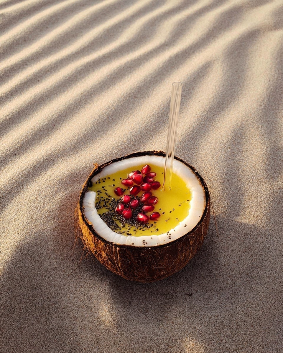 A hollowed half coconut shell filled with a smooth, bright yellow drink, topped with two separate small piles of red pomegranate seeds and tiny black chia seeds near the edge, and a clear straw placed in the center, all set on fine sand with ripple patterns creating a natural texture in the background photo taken with an iphone --ar 4:5 --v 7