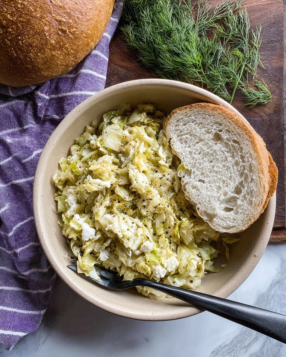 A beige bowl filled with a moist mixture of chopped, light green cooked cabbage combined with soft, crumbly white cheese, all speckled with black pepper. On the right side inside the bowl, there is a thick slice of white bread resting upright, showing its airy, soft texture and crusty edge. A fork with a black handle is placed inside the bowl, partially resting on the bread. The bowl is placed on a dark wooden surface next to some fresh green dill and a round loaf of crusty bread. In the top left corner, a purple and white striped linen cloth is slightly folded. The whole scene is set on a white marbled texture. photo taken with an iphone --ar 4:5 --v 7