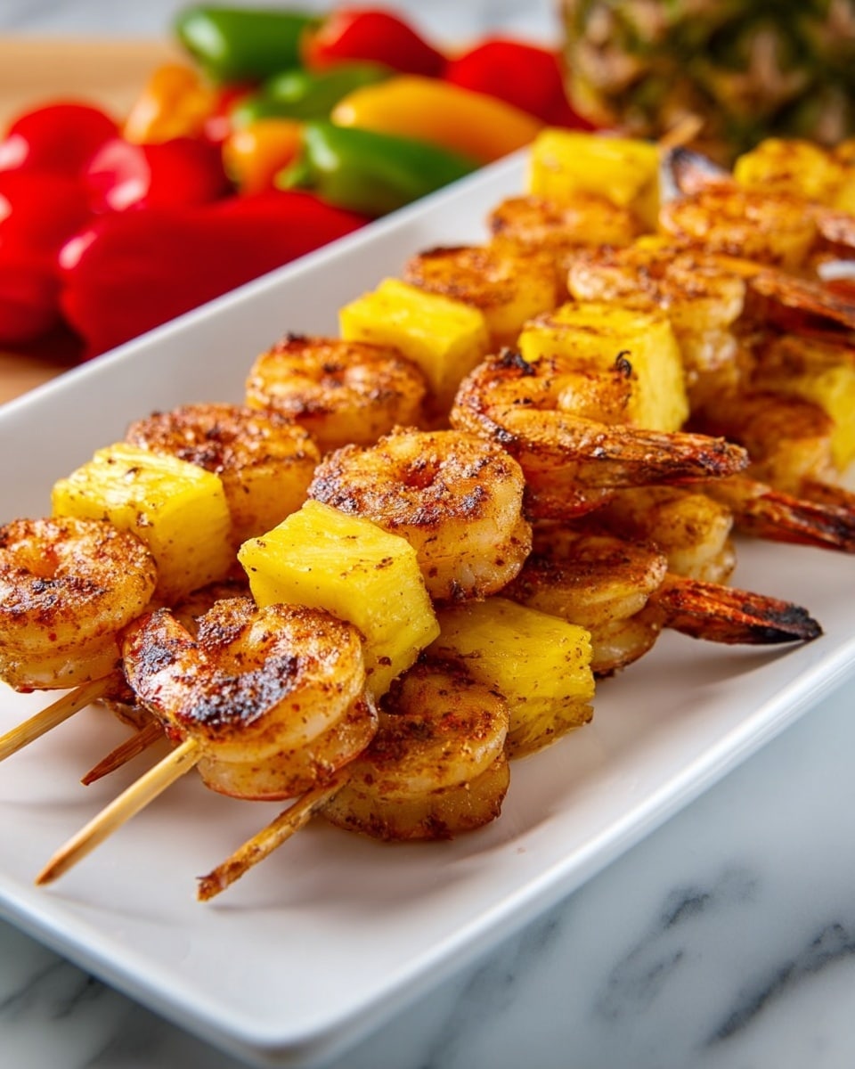 The image shows several skewers of grilled shrimp and pineapple pieces on a white rectangular plate placed on a white marbled surface. Each skewer has alternating layers of golden-brown shrimp and bright yellow pineapple chunks, with the shrimp having a slightly charred texture and seasoning, while the pineapples appear juicy and fresh. The shrimp are curled with visible grill marks and a light spice coating. In the background are out-of-focus fruits including a pineapple, a red pepper, and a green and orange pepper, adding vibrant color contrast to the scene. Photo taken with an iphone --ar 4:5 --v 7