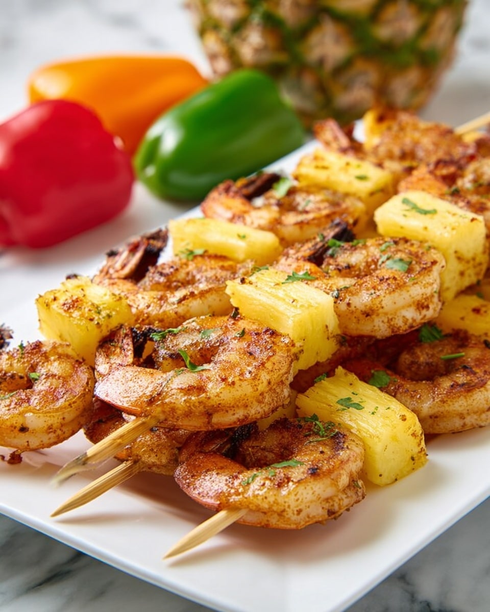 The image shows a white rectangular plate filled with four wooden skewers, each stacked with alternating layers of golden-brown grilled shrimp and bright yellow pineapple chunks. The shrimp have a slightly charred, textured surface with visible seasoning, while the pineapple pieces look juicy and fresh with a smooth texture. The skewers are placed parallel to each other, creating a neat and colorful arrangement. In the background, bright red peppers and other blurred fruits add a warm, vibrant tone, all set on a white marbled surface. Photo taken with an iphone --ar 4:5 --v 7