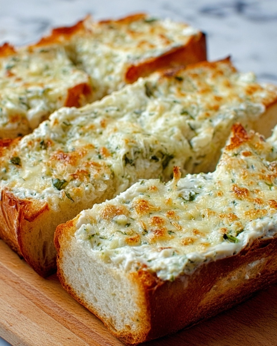 The image shows four thick slices of soft bread topped with a creamy garlic and herb spread. Each slice has a golden-brown toasted crust at the bottom, with the creamy mixture covering the top fully. The spread looks smooth with small bits of green herbs and a slightly bubbly, melted cheese layer on top, giving it a light brown, toasted texture. The bread rests on a wooden cutting board, and the close-up view highlights the soft, fluffy texture of the bread inside. The background is a white marbled surface. Photo taken with an iphone --ar 4:5 --v 7
