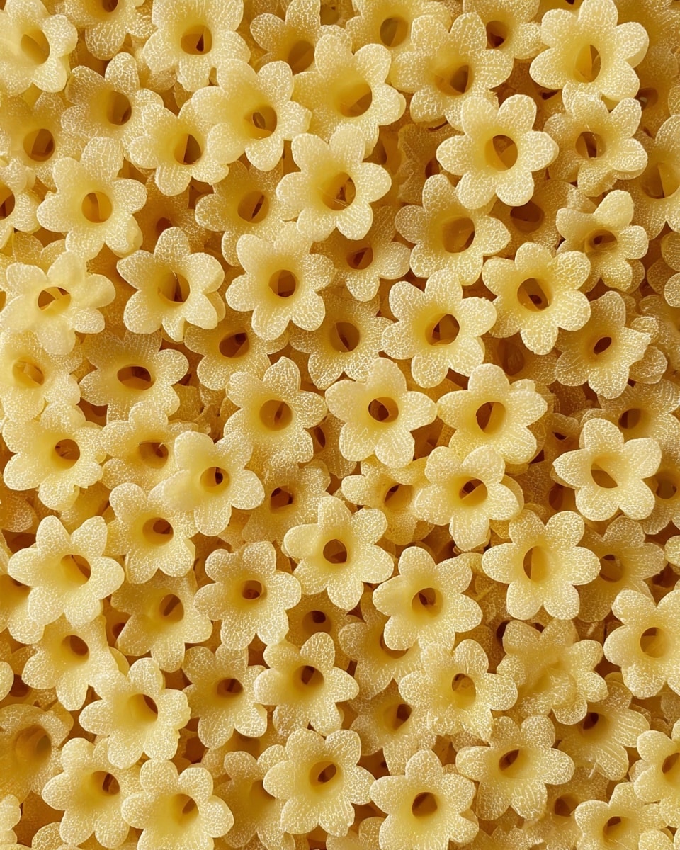 The image shows many small, flower-shaped pasta pieces with seven rounded petals and a hole in the center. The pasta is a light yellow color, with a slightly rough texture typical of dry pasta. The pieces are closely packed together and spread evenly, covering the entire frame. The background is a white marbled texture. photo taken with an iphone --ar 4:5 --v 7